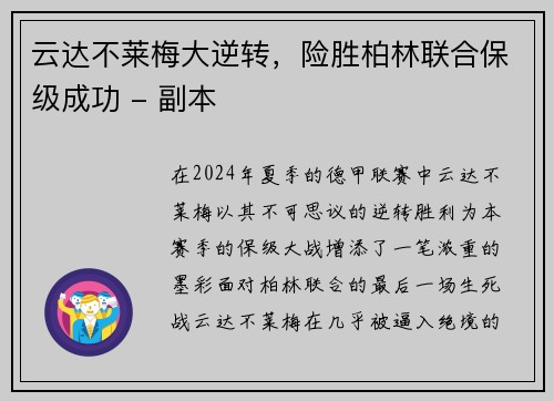 云达不莱梅大逆转，险胜柏林联合保级成功 - 副本